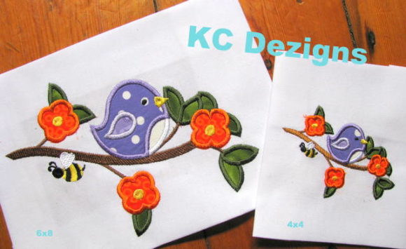 Bird on Branch with Flowers: A Charming Applique Design